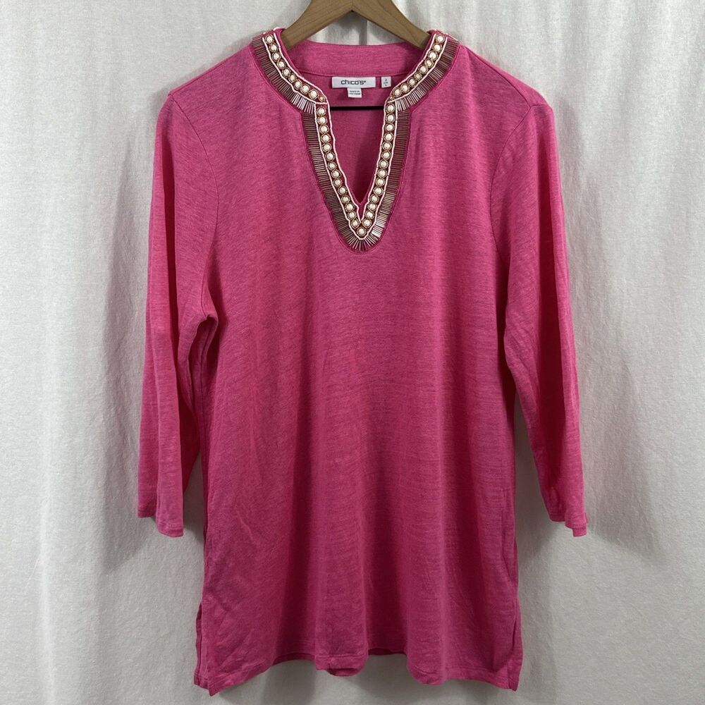 Chicos Pink Beaded Embellished Vneck Linen Tunic Top Womens Sz L Beach Resort